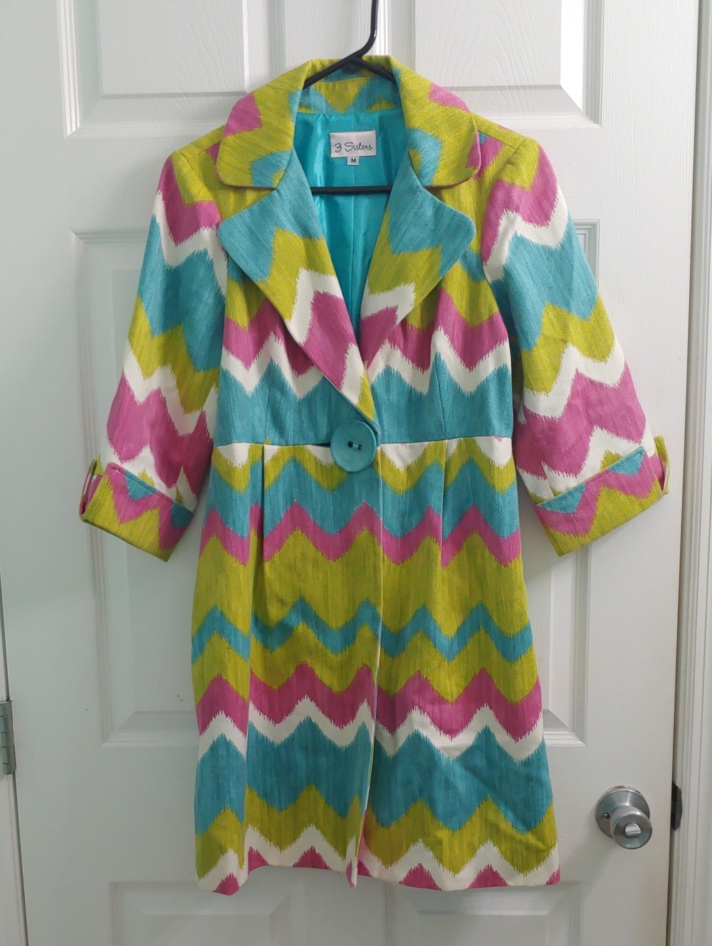 3 Sisters Chevron Button Coat Bold Multi Color Trench 3/4 Sleeves Women's Size M